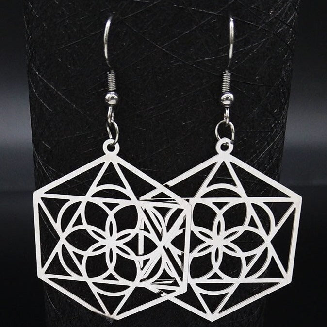 Sacred Geometry Silver Dangle Earrings -  choose from - Flower of Life, Hamsa, Merkaba