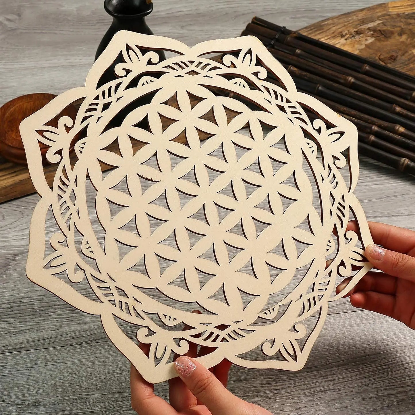 LARGE Ornate Wooden Crystal Grid Board | Sacred Geometry Energy Tool | FLOWER OF LIFE